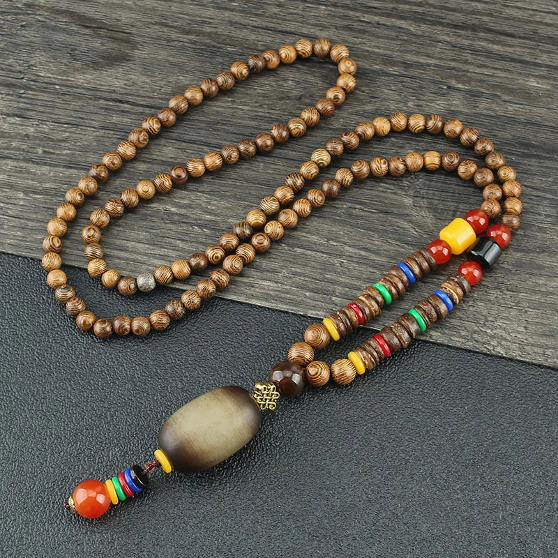 Wood Bead Bodhi Pendant Sweater Chain Necklace Jewelry
