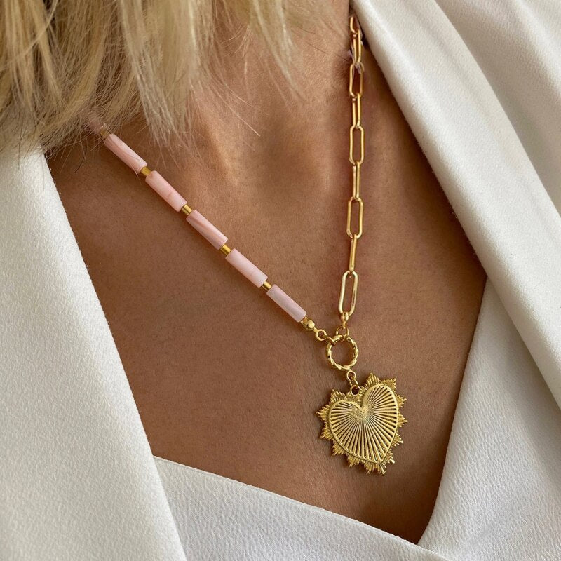 Collar Trendy Quartz Necklace Pendant Natural Stone Pink Crystal Pendant Necklace Bohemian Sparkling METAL SHELL jewelry