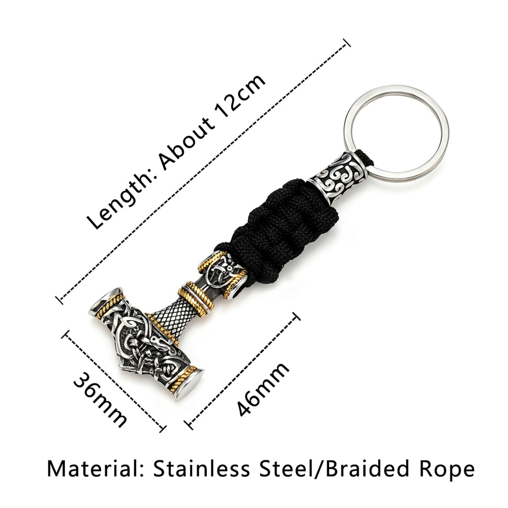 Norse Thor's Hammer Vikings Keychain Men Charm Braided Lanyard Stainless Steel Keyring Valknut Rune Handmade Retro Jewelry