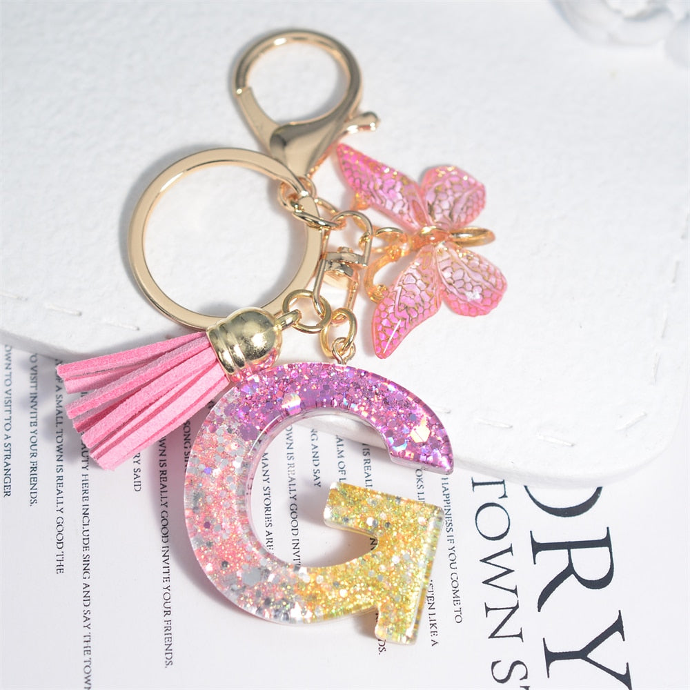 Cute Resin A-Z Initials Letter Keychain Pink Sparkle Butterfly Tassel Pendant Keyring for Women Girl Purse Handbags Jewelry Gift - Charlie Dolly