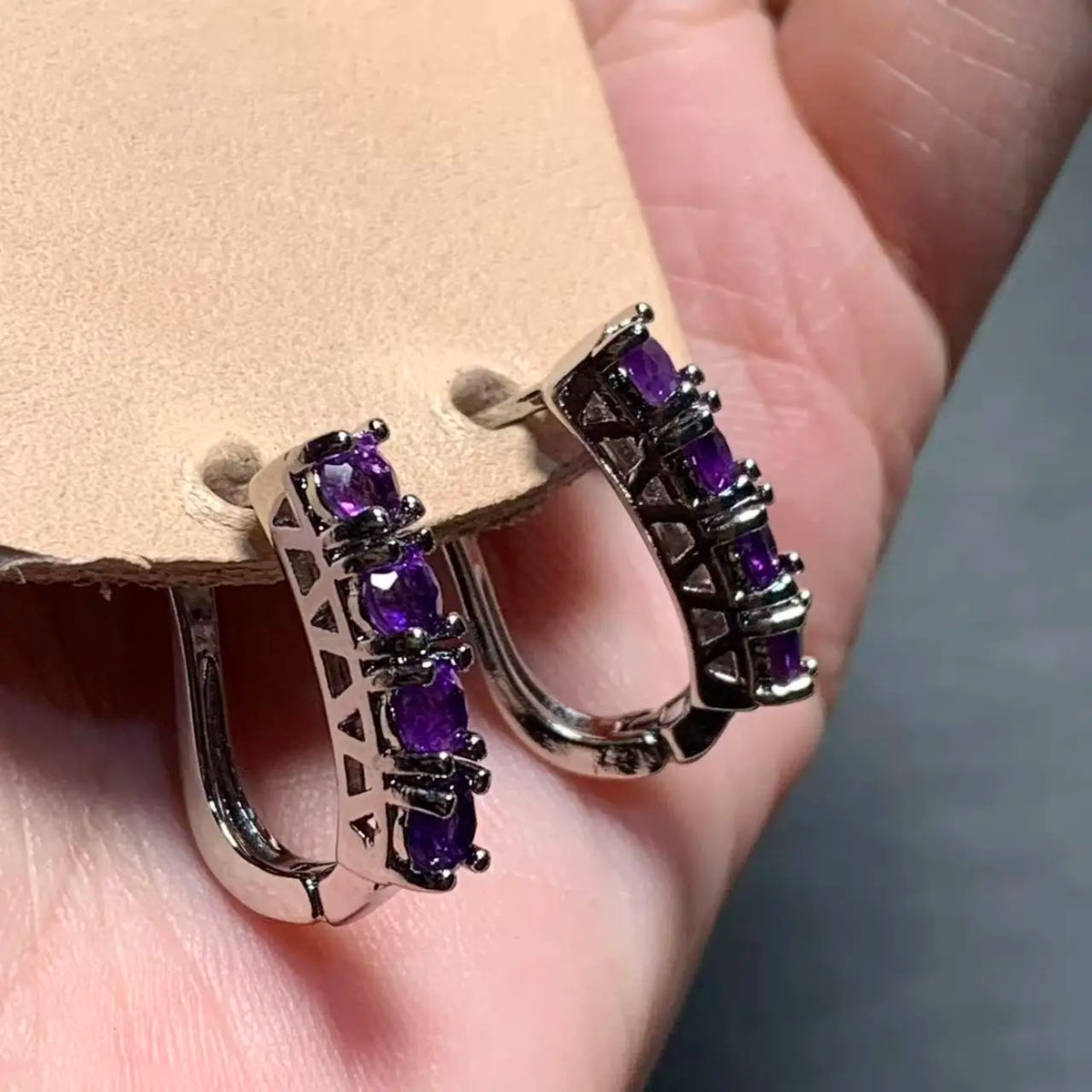Natural Amethyst Stud Hoop Earrings, 925 Silver-Plated Vintage Hypoallergenic Jewelry