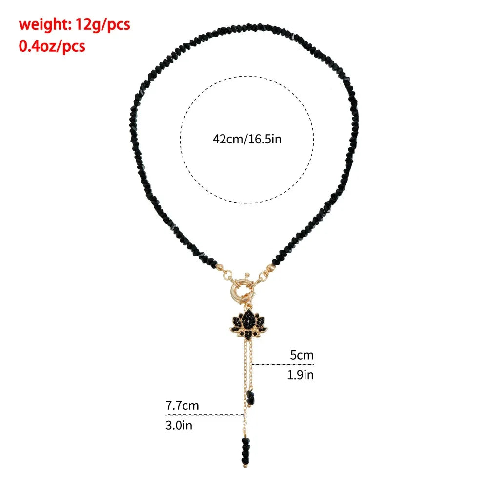 Rhinestone Lotus Tassel Pendant, Black Crystal Boho Beaded Necklace