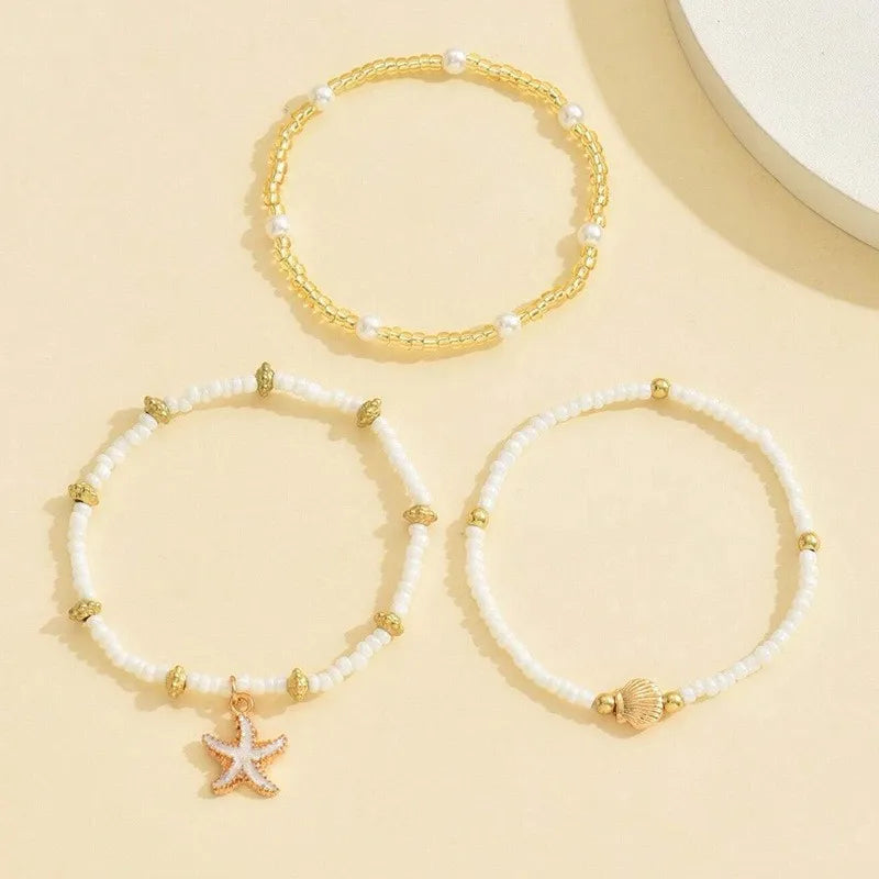 Starfish, Shell and Millet Bead Triple Layer Anklet Set