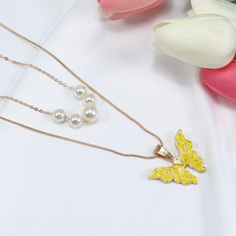 Trendy Barbie Princess Pearl Enamel Butterfly Choker Necklace For Women Holiday Party Gift Fashion Jewelry Accessories N049