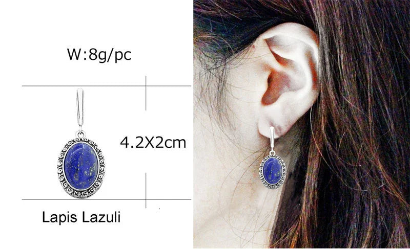 Natural Lapis Lazuli Earrings Snail Flower Pendant For Women Vintage Antique Silver Plated Fashion Jewelry Anniversary Gift - Charlie Dolly