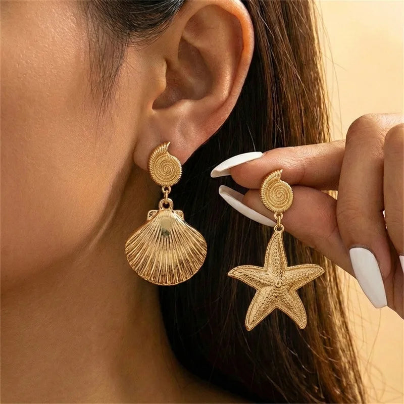 Boho Starfish, Conch and Scallop Pearl Pendant Earrings