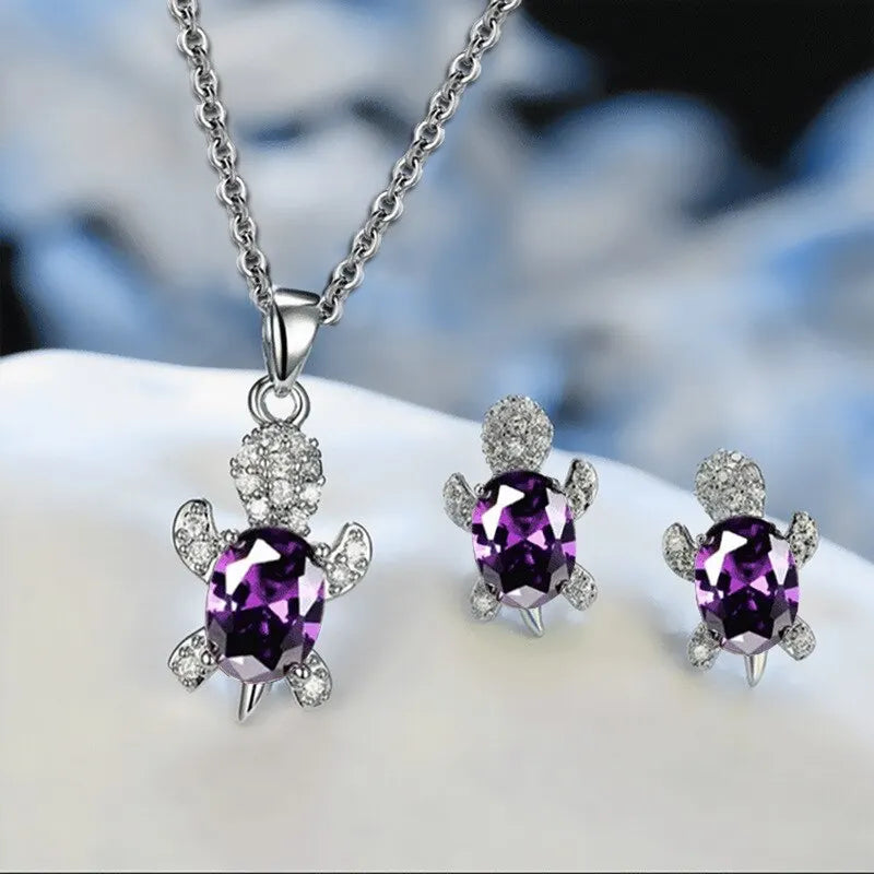 Sea Turtle Necklace & Earrings Set of 3, Silver-Plated Multi-Color Glass Ocean Jewelry