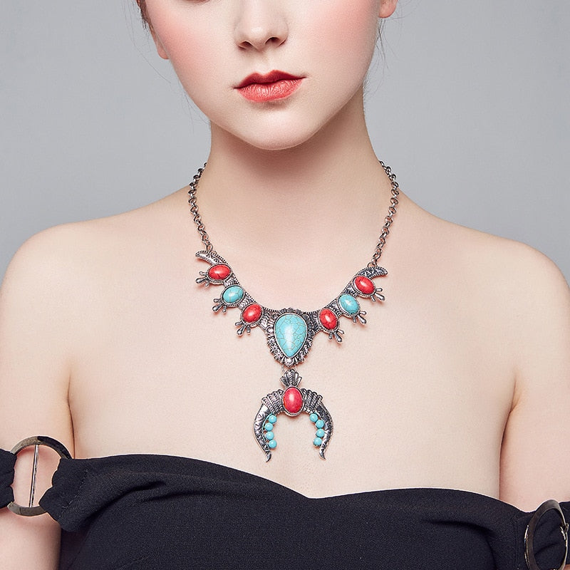Indian Statement ox Horn Pendants Necklace Women Silver Plated Vintage Tribes Maxi Large Collar Necklace Jewelry