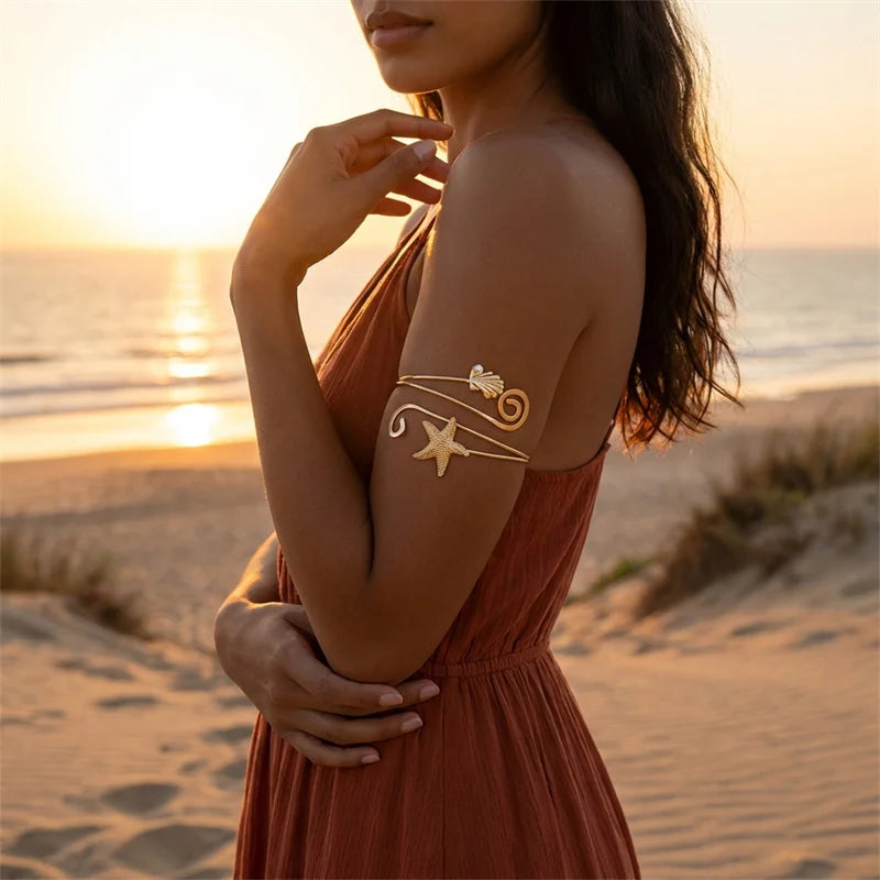 Starfish, Conch and Pearl Spiral Wave Upper Arm Cuff