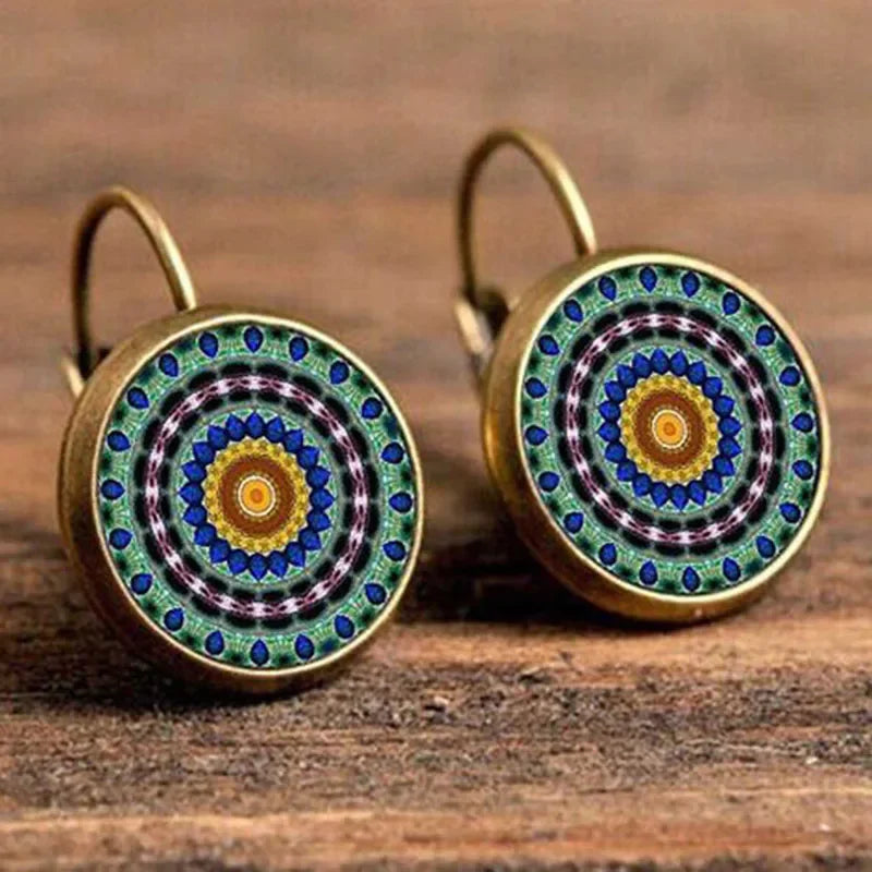 Vintage Flower Pattern Round Drop Earrings, Bohemian Boho Jewelry