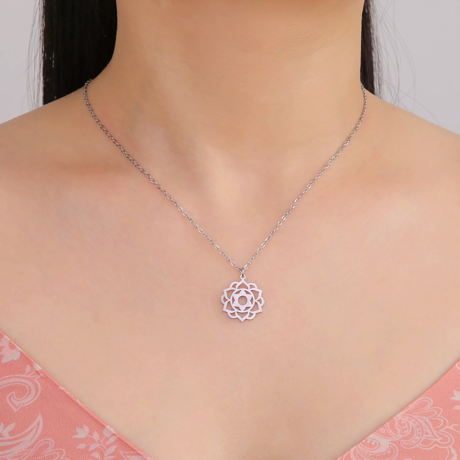 Yoga Lotus & Flower of Life Pendant Necklace, Stainless Steel Chakra Healing Amulet