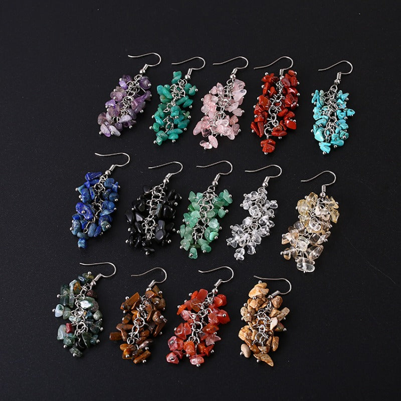 Natural Stone Crystal Grape Tassel Earrings Raw Gemstone Amethyst Lapis Lazuli Tiger's Eye Rose Quartz Chakra Crystal Earring - Charlie Dolly