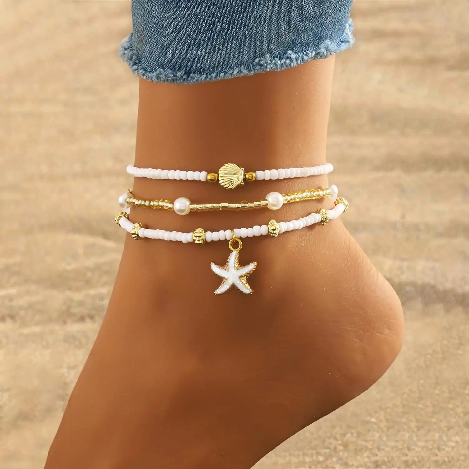 Waterproof Pearl Disc and Starfish Shell Boho Anklet