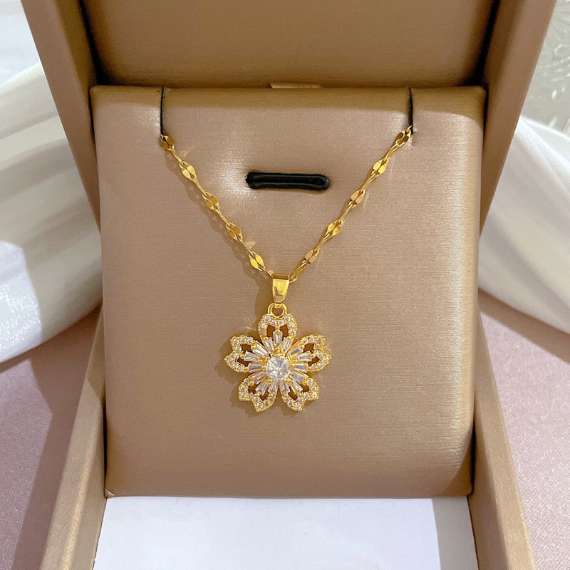Luxury Design Lady Sunflower Zircon Pendant Necklace for Women Fashion Summer Accessories Wedding Party Jewelry Anniversary Gift