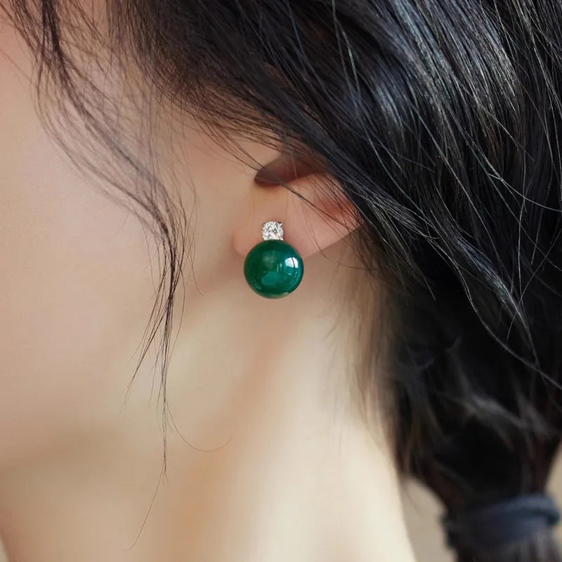 Green Jade & CZ Drop Earrings, Luxury Natural Stone Office Boho Jewelry