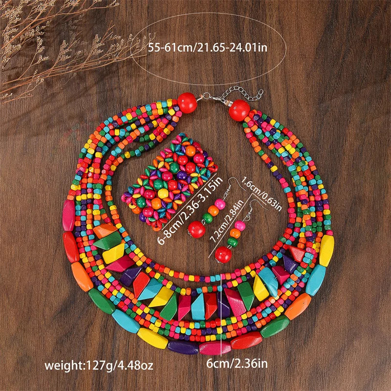 Multilayer Wood Bead Necklace Earring Set Jewelry