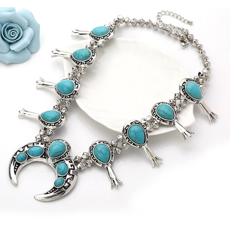 Red and Turquoise Stone Squash Blossom Flower Bib Necklace Turquoise and Silvertone Beaded Squash Blossom Choker Boho CRYSTAL