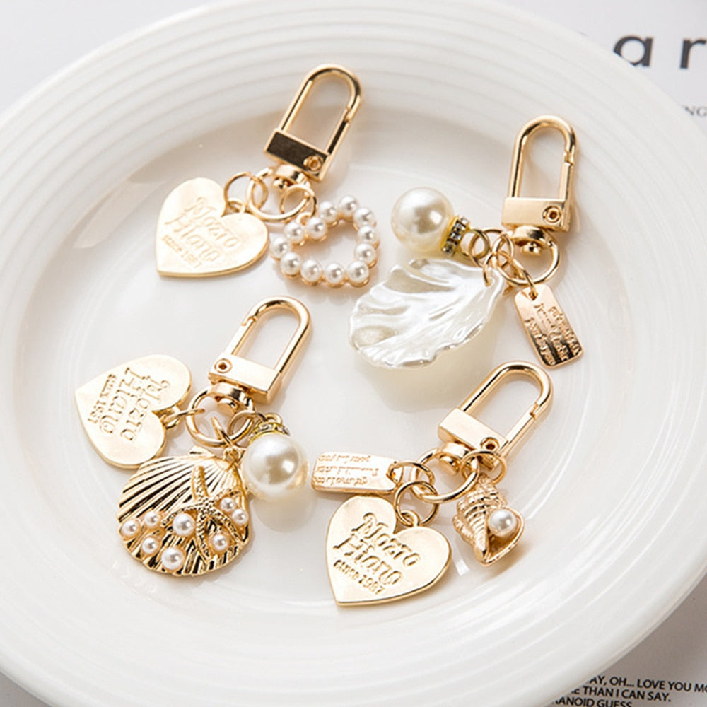 Women Girls Heart Keychain Fashion Letter Label Imitation Pearls Key Chain Pendant Handbag Hanging Accessories Keyring