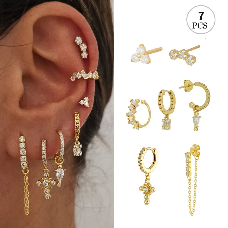 Gold Plated Hoop Stud Ear Cuff Earrings Set Jewelry