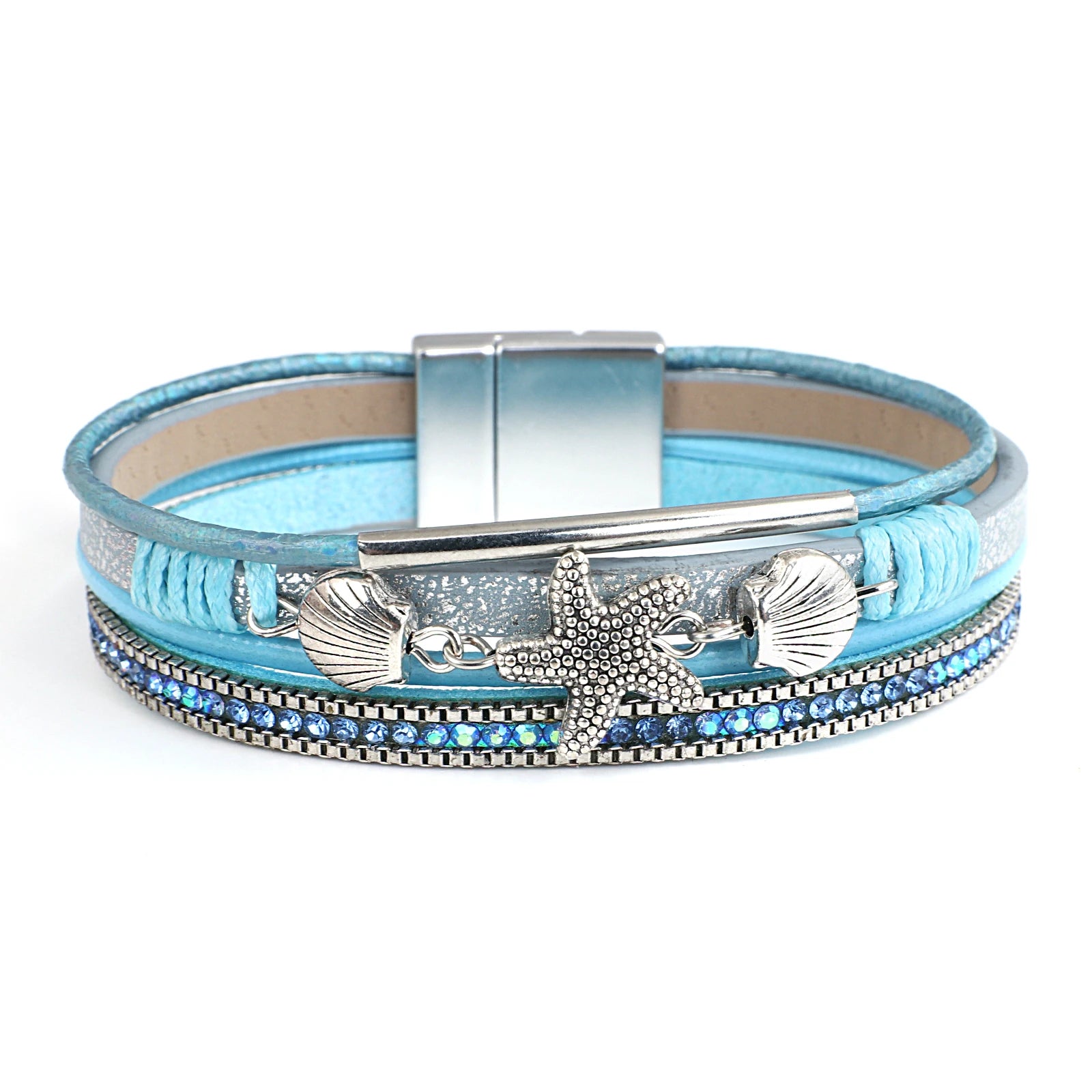 Starfish Shell and Crystal Bead Leather Boho Bracelet