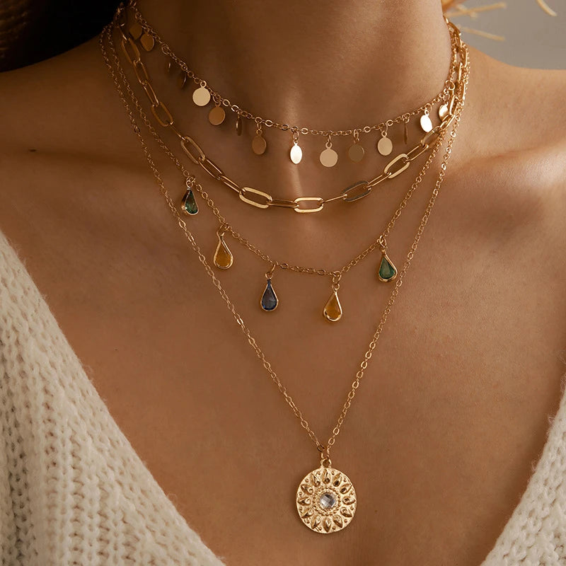 Sequin Tassel Star Moon Layered Choker Necklace Jewelry