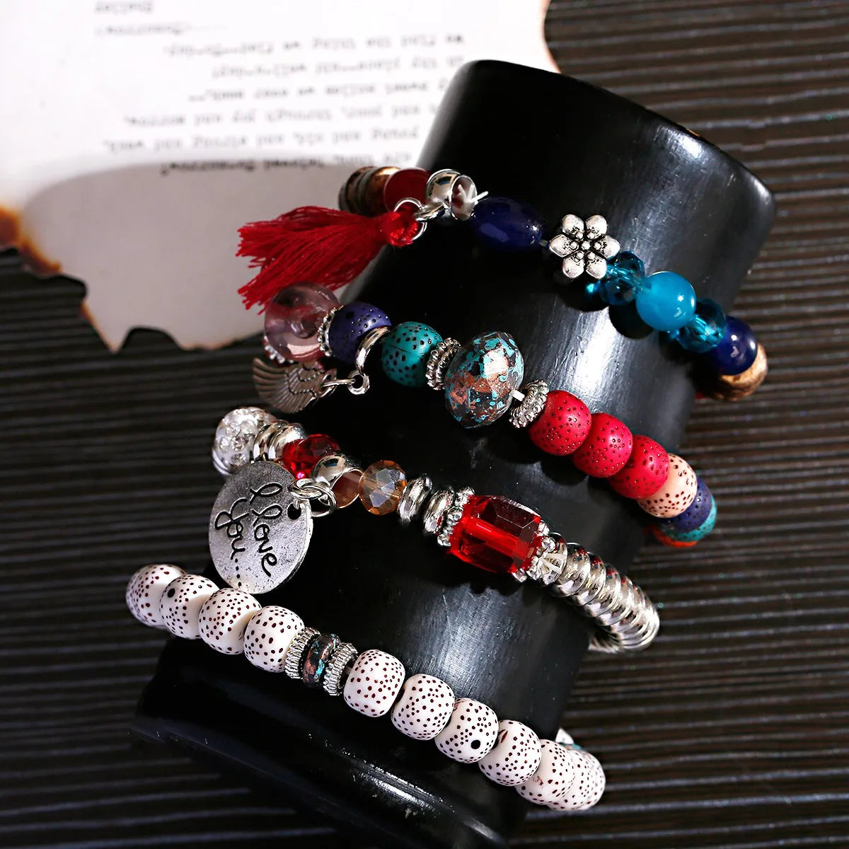 New Bohemian White Beads Tassel Bracelets Set Women Natural Lava Stone Alloy Wing Pendant Charm Bangle Boho Jewelry - Charlie Dolly
