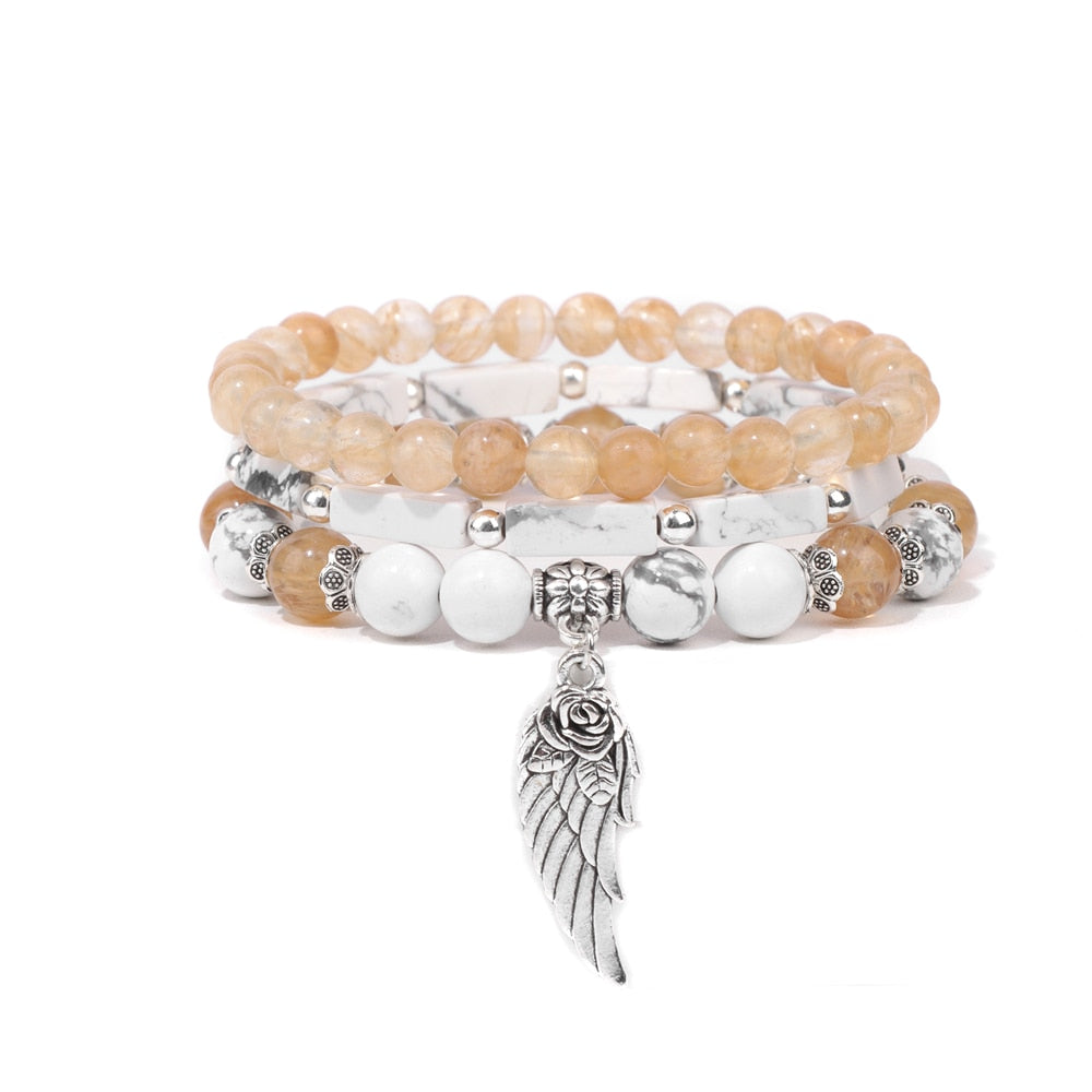 Handmade Silver Color Rose Angel Wing Pendant Bracelet Natural Pink Quartz Crystal Beads Charm Bracelet Women Romantic Jewelry