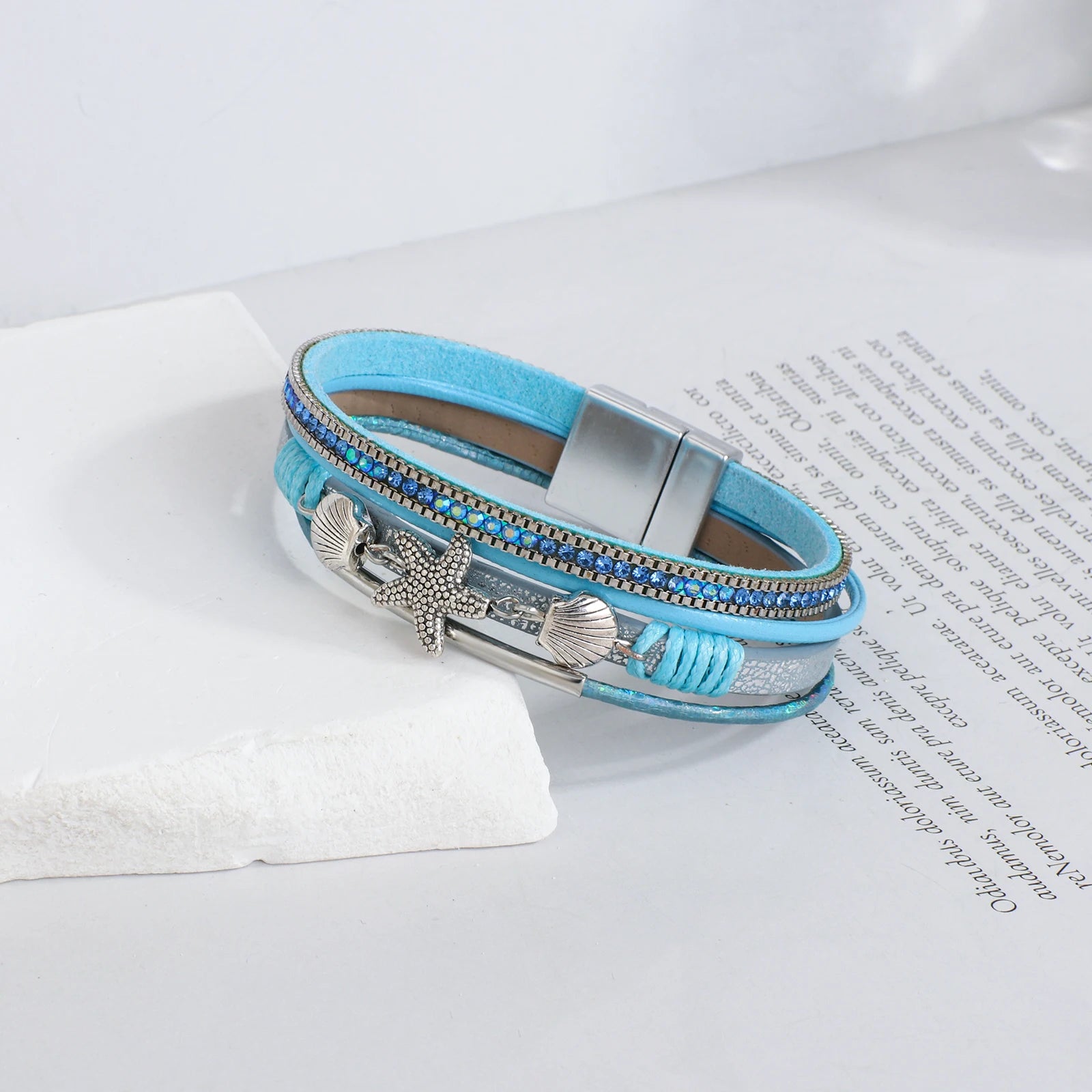 Starfish Shell and Crystal Bead Leather Boho Bracelet