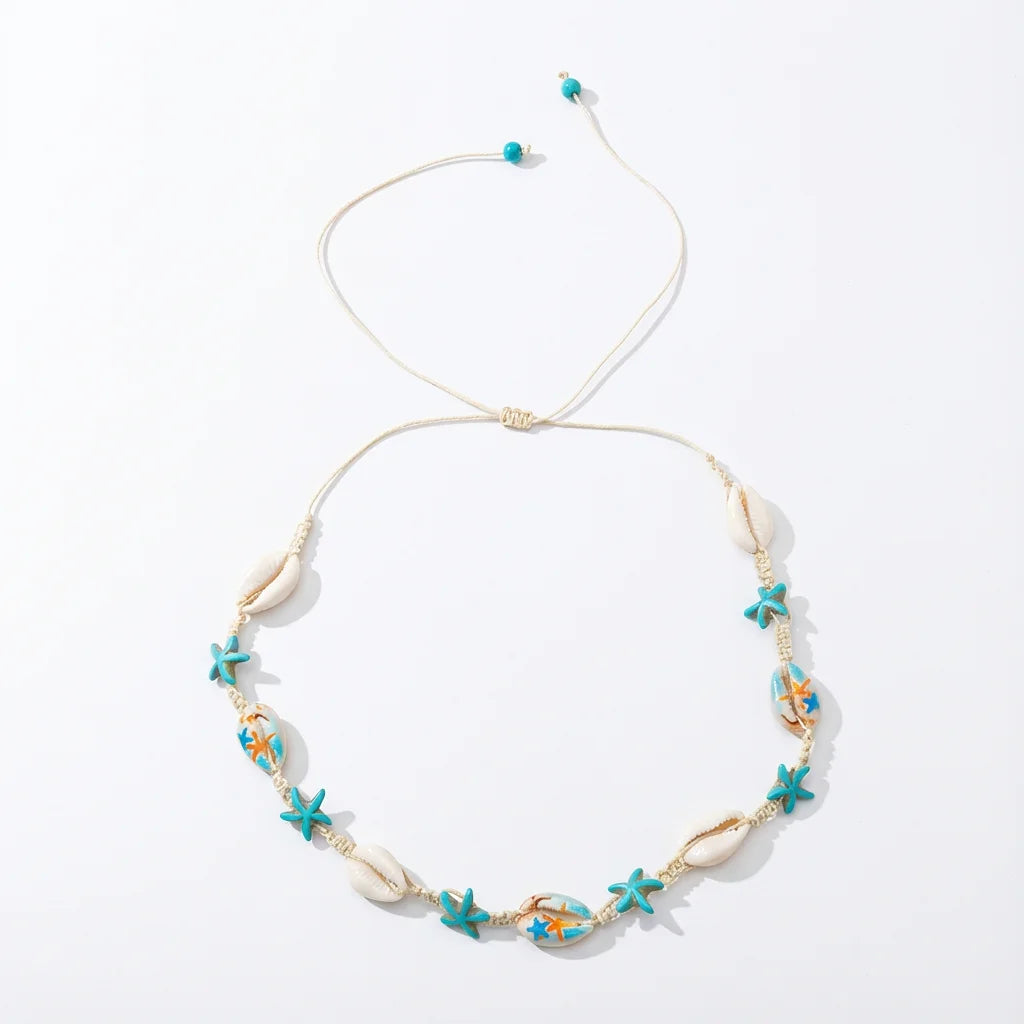 Cowrie Shell Boho Choker with Blue Starfish Beads