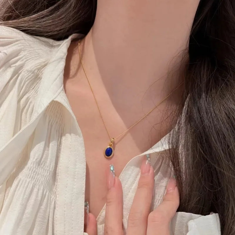 Light luxury retro high-end fashion oval lapis lazuli necklace earrings buckle party simple and elegant blue jewelry sets - Charlie Dolly