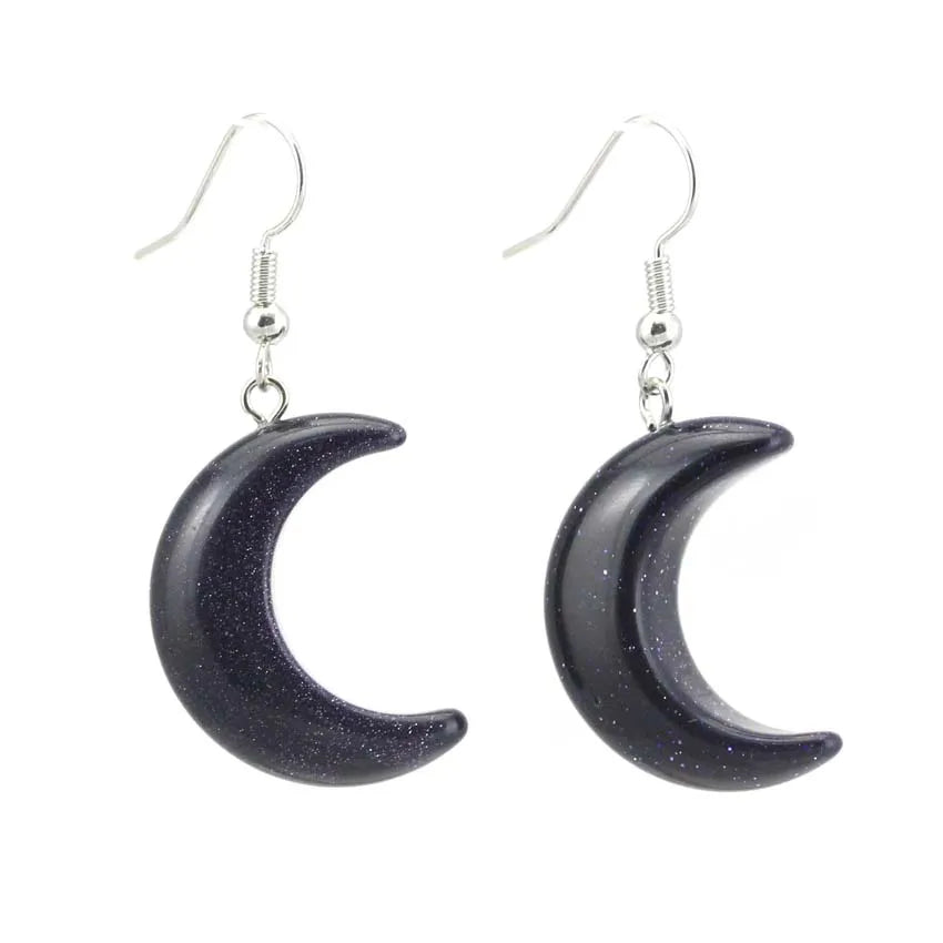 Crescent Moon Crystal Stone Earrings Natural Amethyst Rose Quartz Lapis Lazuli Black Agate Tiger Eye Stone Dangle Hook Earring - Charlie Dolly