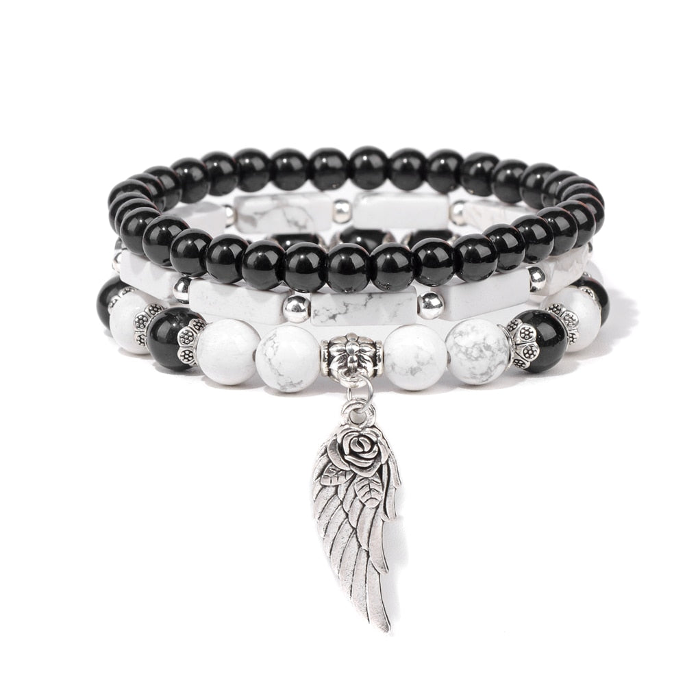 Handmade Silver Color Rose Angel Wing Pendant Bracelet Natural Pink Quartz Crystal Beads Charm Bracelet Women Romantic Jewelry