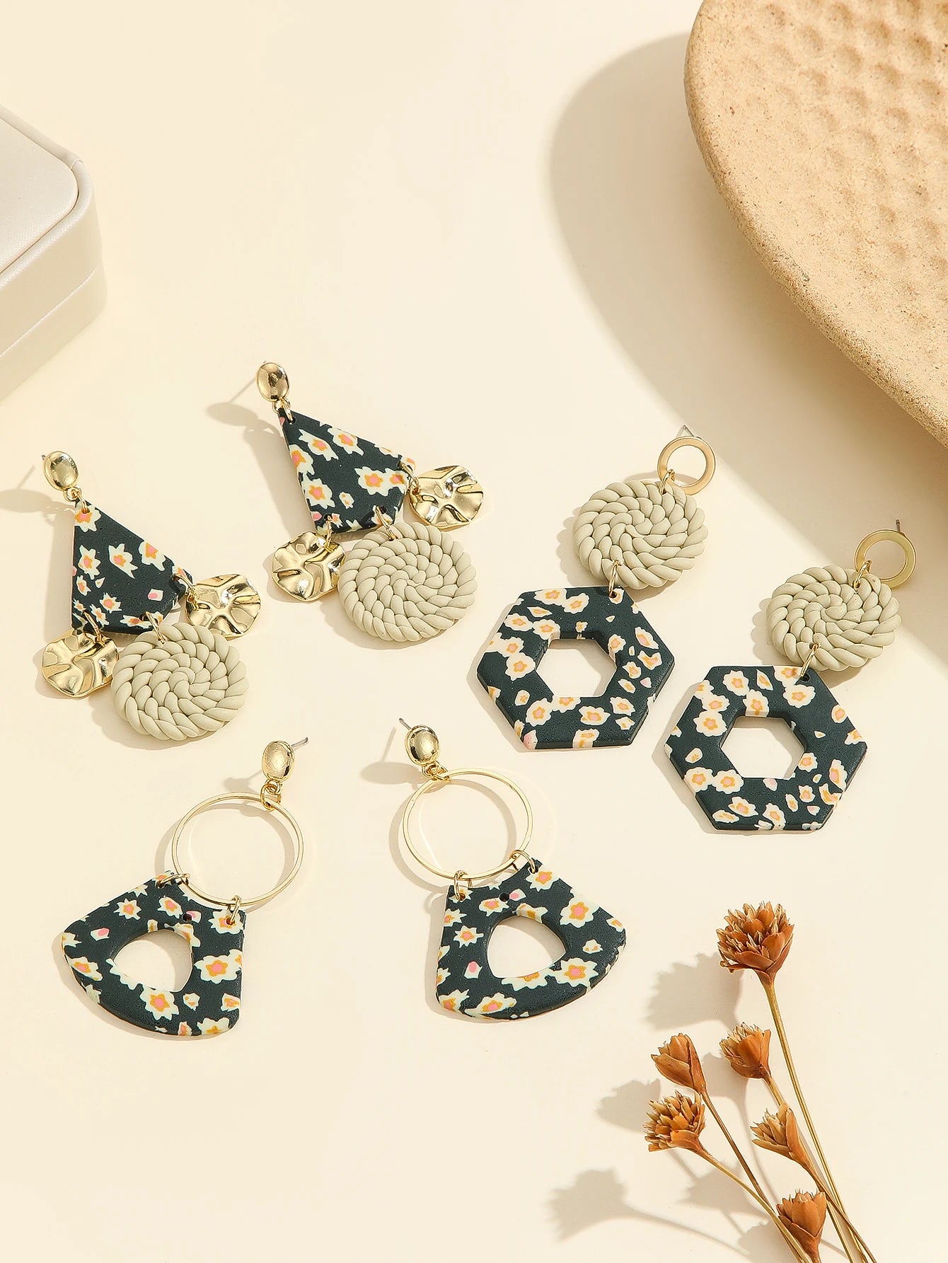 Floral Geometric Polymer Clay Statement Earrings Jewelry