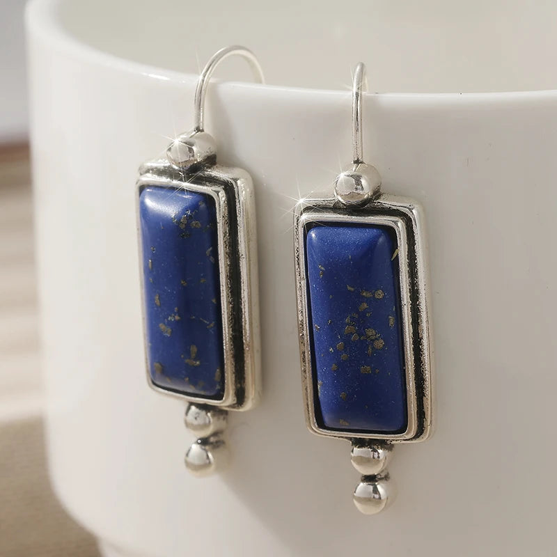 Ethnic Silver Color Imitation Lapis Lazuli Dangle Women's Earrings Square Daily Wear - Charlie Dolly