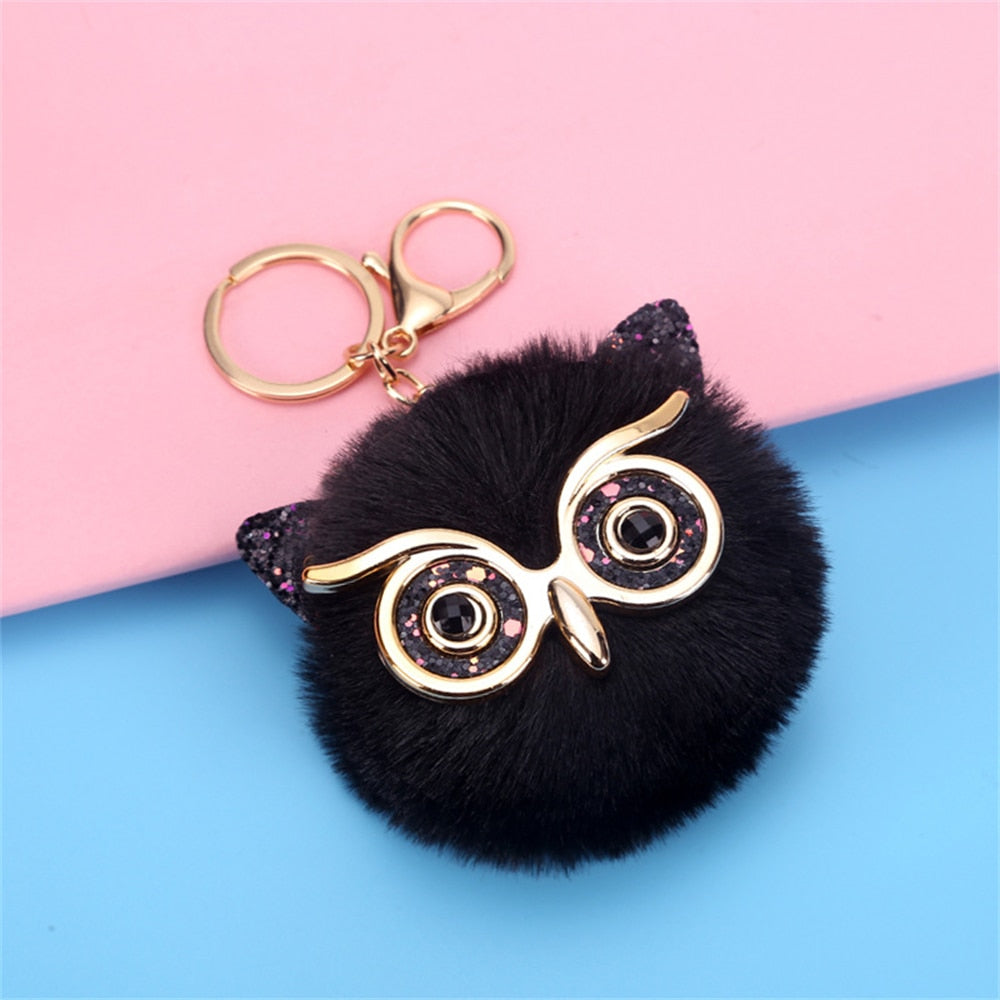 Cartoon Plush Owl Keychain With Sequin Girls Backpack Ornaments Fashion Soft Fluffy Pompom Animal Key Rings For Ladies Gifts