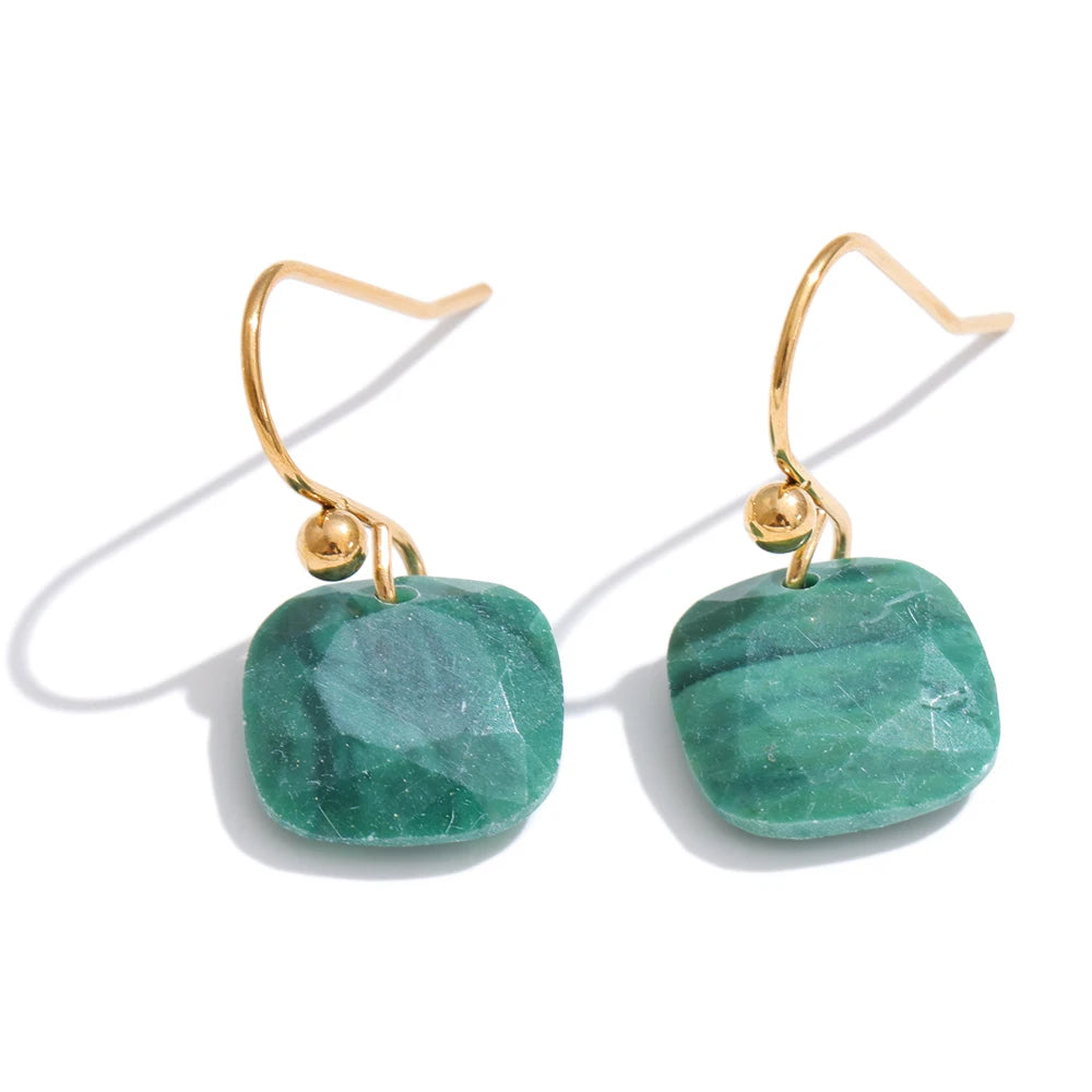 Natural Stone Square Drop Earrings, Tiger Eye Agate 14K Gold-Plated Stainless Steel Jewelry