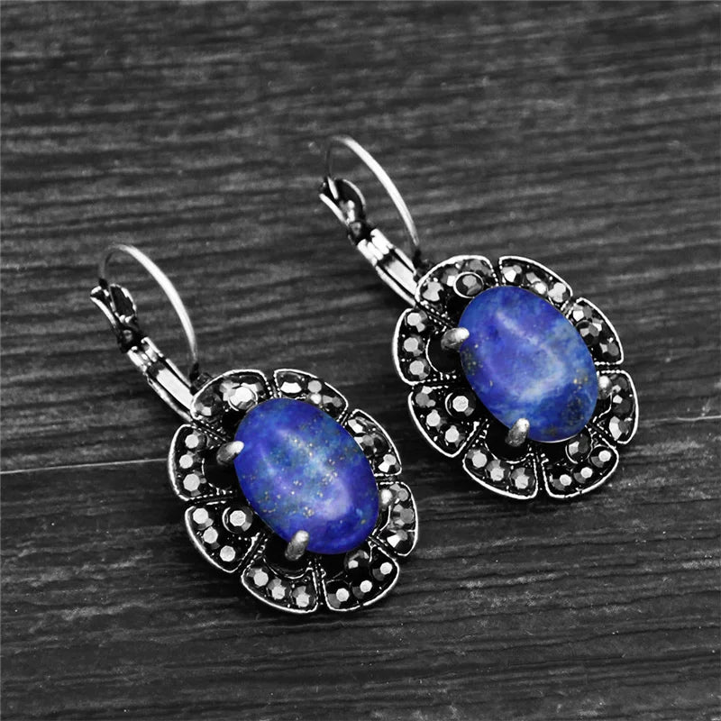 Vintage Plumflower Natural Lapis Lazuli Rhinestone Earrings For Women Tibetan Silver Plated Natural Stone Tiger Eye Earring - Charlie Dolly