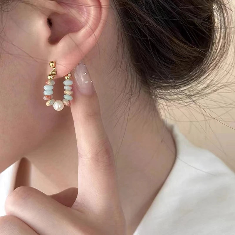Natural Stone & Pearl Beaded Drop Earrings, Vacation Boho Summer Jewelry