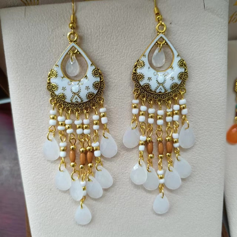 Vintage Bohemian Ethnic Style Earrings Long Rice Bead Tassel Earrings FOR WOMEN Alloy Dripping Oil Long Tassel Earrings - Charlie Dolly
