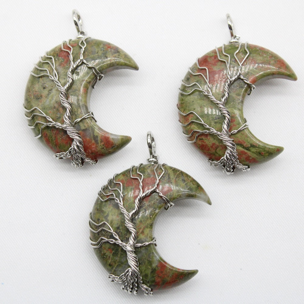 7 Chakras Tree of Life Necklace Wire Wrap Crescent Moons Amethyst Crystal Pendants Quartz Natural Stone Agates Aventurine Make