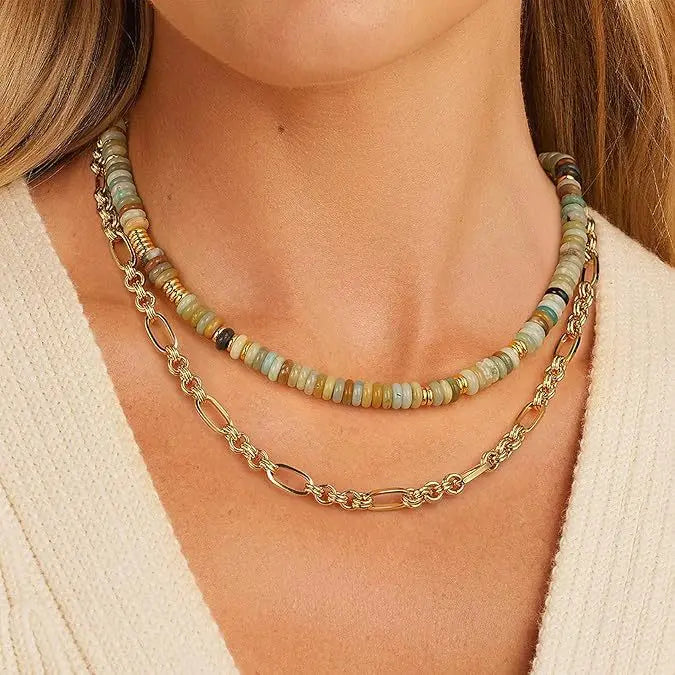 Colorful Boho Natural Stone Surfer Beach Choker 6mm Beaded Gemstone Necklace for Women 14K Gold Plated Handmade Jewelry - Charlie Dolly