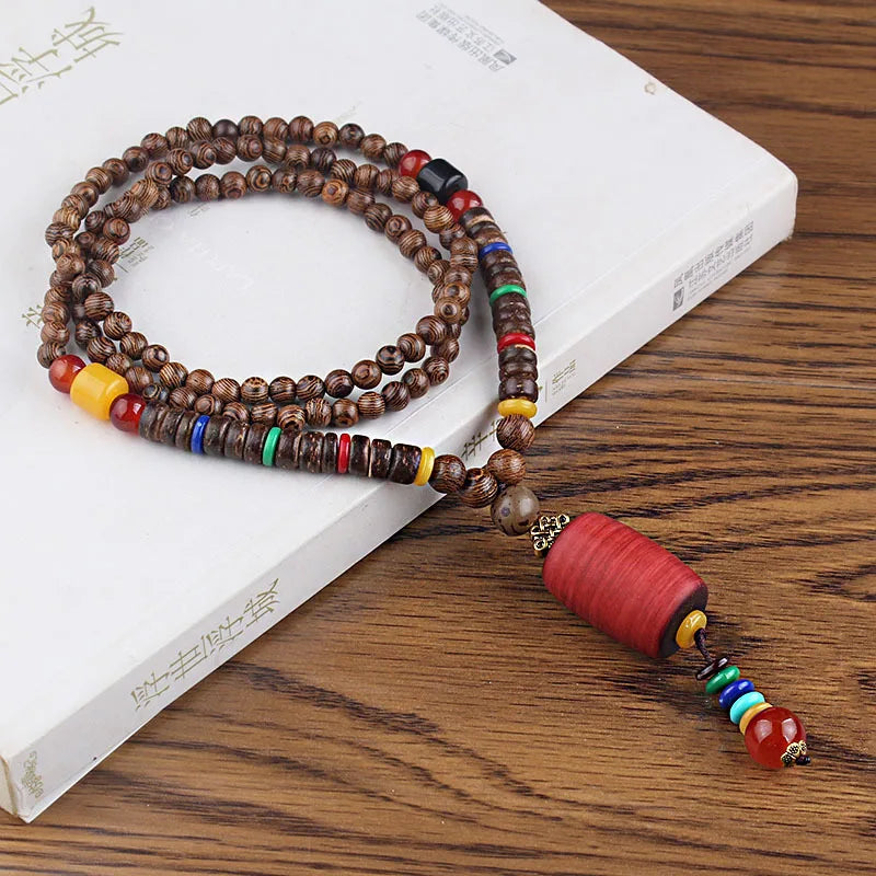 Wood Bead Bodhi Pendant Sweater Chain Necklace Jewelry