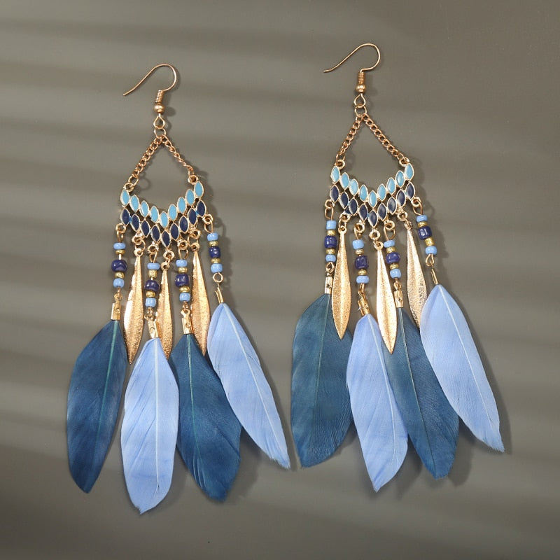 Boho Long Feather Dangle Women's Earrings Beach Long Tassel Beads Handmade Flower Enamel Earrings Bride Wedding Pendientes Mujer