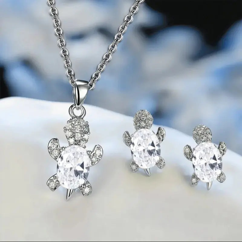 Sea Turtle Necklace & Earrings Set of 3, Silver-Plated Multi-Color Glass Ocean Jewelry