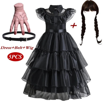Wednesday Addams Costumes for Girls 2023 Movie Wednesday Mesh Dress Halloween Carnival Gothic Winds Party Dress Up for 3-10 Yrs - Charlie Dolly