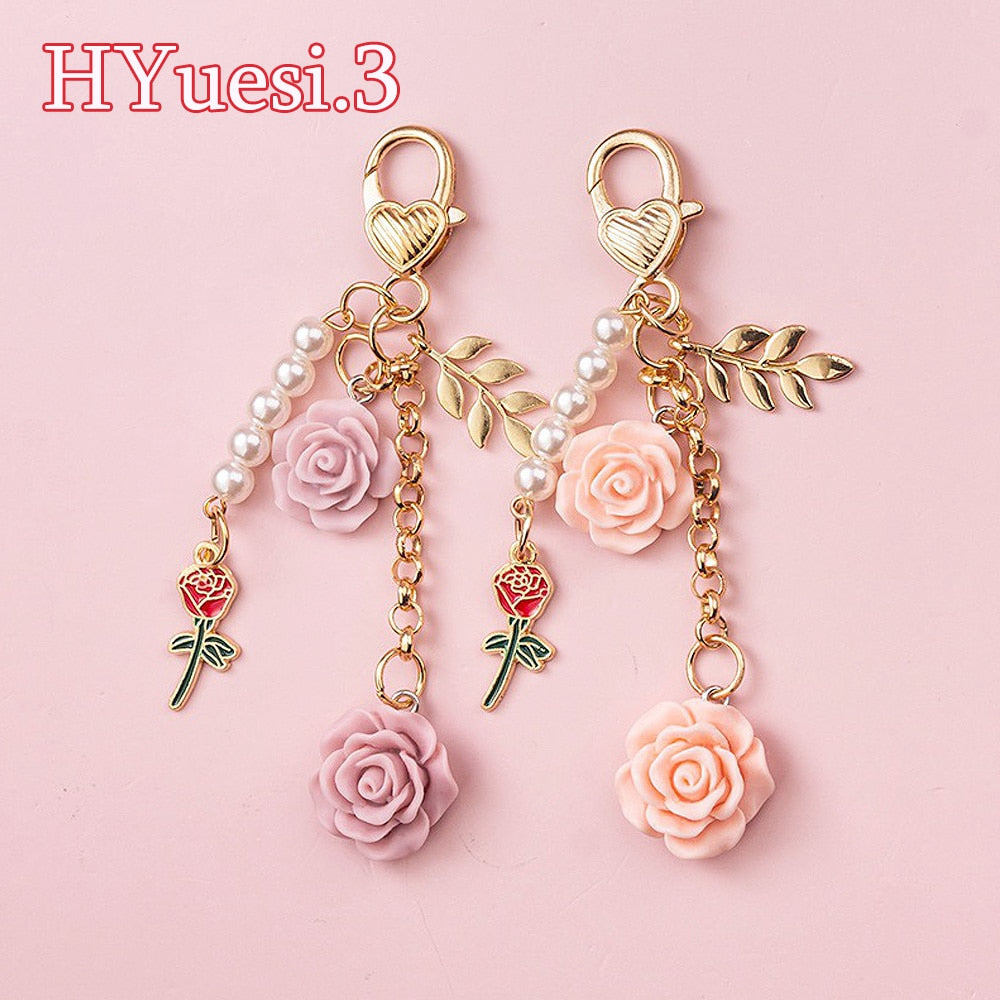 8colors 3D Rose Camellia Keychain Women Girls Sweet Pearl Tassel Flower Keyring With Metal Leaf For Earphone Case Bag Decoration