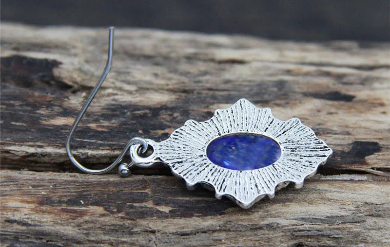 Vintage Look Natural Stone Lapis Lazuli Jewelry Sets Solid Silver Plated Necklace Earrings Flower Fashion Jewelry - Charlie Dolly