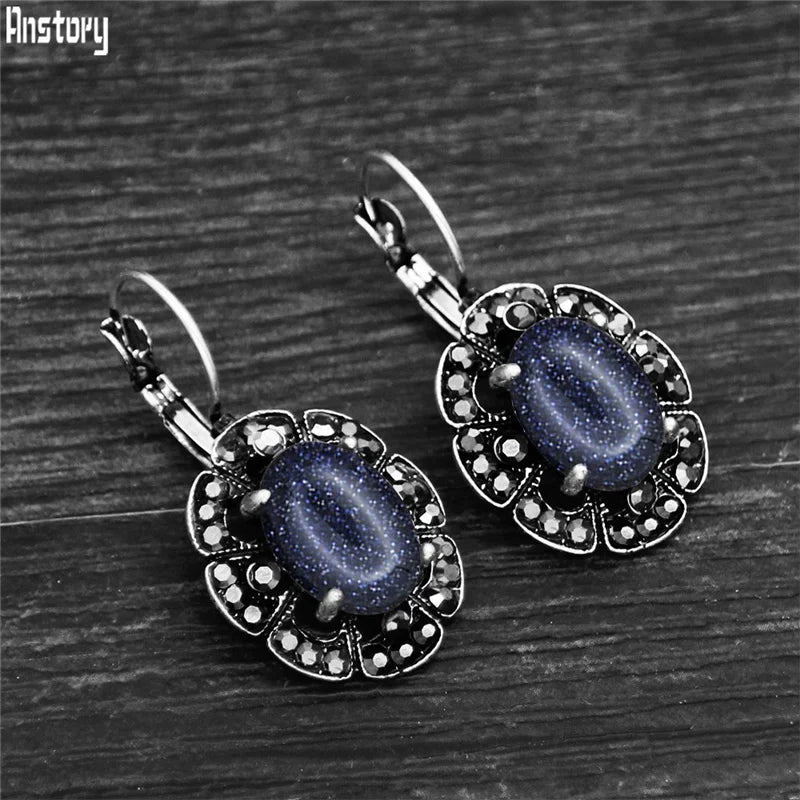 Vintage Plumflower Natural Lapis Lazuli Rhinestone Earrings For Women Tibetan Silver Plated Natural Stone Tiger Eye Earring - Charlie Dolly
