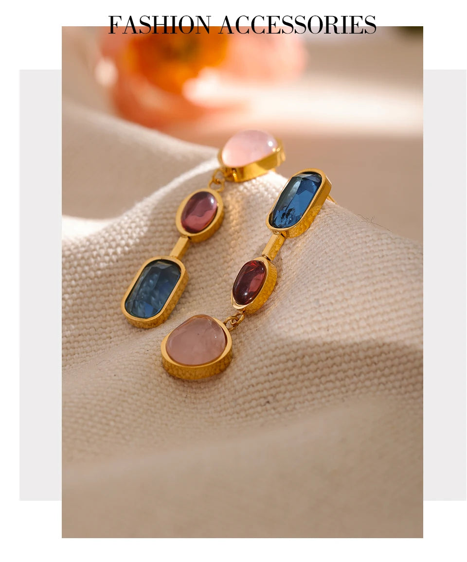 Natural Stone Geometric Gold Drop Earrings Jewelry