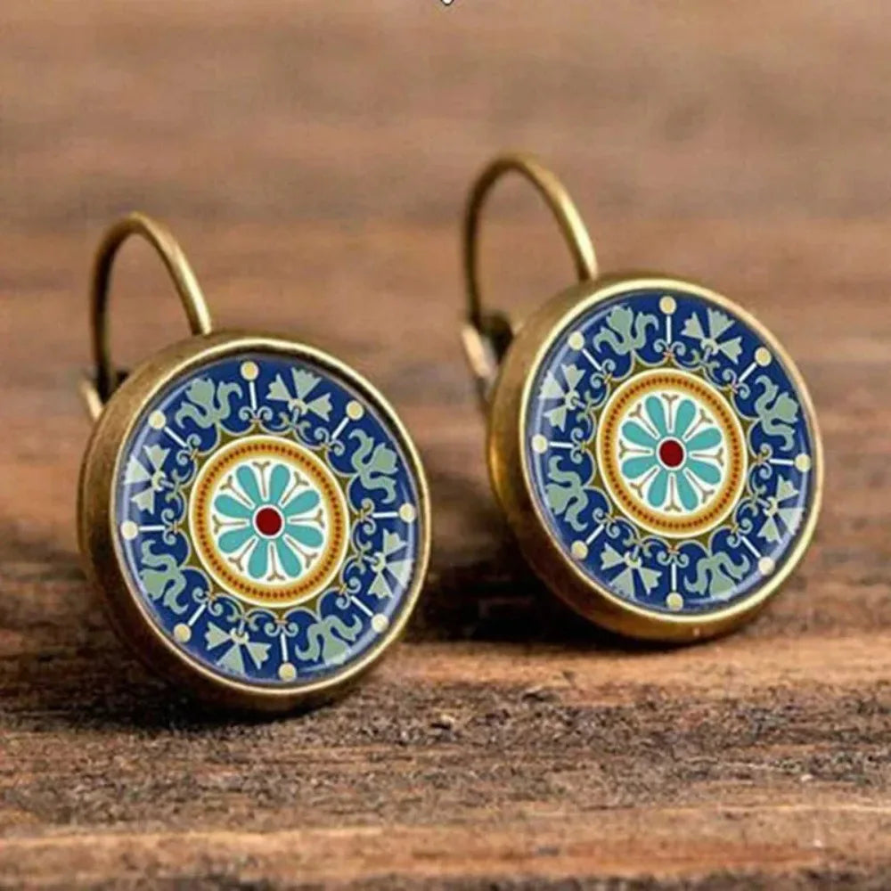 Vintage Flower Pattern Round Drop Earrings, Bohemian Boho Jewelry